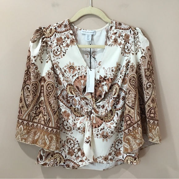 Cupcake&cashmere Womens size S Paisley printed Top Flare Sleeve Brown White New - Picture 1 of 10
